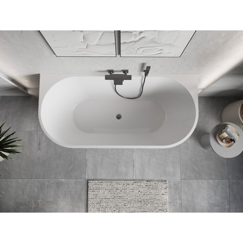 Mexen Oris freestanding wall-adjacent ribbed bath 150 x 75 cm, white, gun gray brushed overflow - 52871507500-66