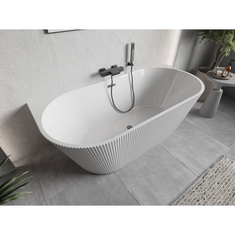 Mexen Oris vasca da bagno indipendente a parete scanalata 150 x 75 cm, bianca, troppopieno gun gray spazzolato - 52871507500-66