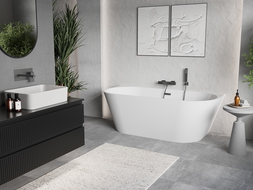 Mexen Oris vasca da bagno indipendente a parete scanalata 150 x 75 cm, bianca, troppopieno gun gray spazzolato - 52871507500-66
