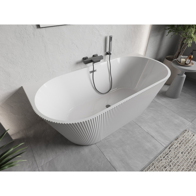 Mexen Oris wanna wolnostojąca przyścienna ryflowana 150 x 75 cm, biała, przelew gun metal - 52871507500-95