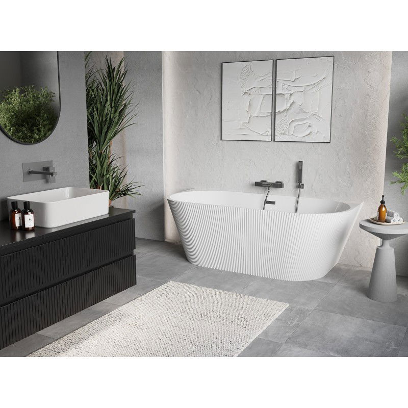 Mexen Oris vasca da bagno indipendente a parete scanalata 150 x 75 cm, bianca, troppo pieno gun metal - 52871507500-95