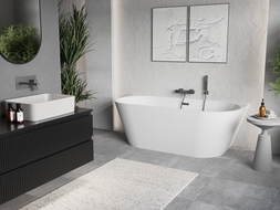 Mexen Oris vasca da bagno indipendente a parete scanalata 150 x 75 cm, bianca, troppo pieno gun metal - 52871507500-95