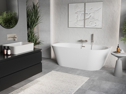 Mexen Oris freistehende wandstehende Riffelbadewanne 150 x 75 cm, weiß, Überlauf gebürstetes Nickel - 52871507500-97