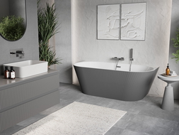 Mexen Oris freistehende wandstehende geriffelte Badewanne 150 x 75 cm, weiß/grau, Überlauf chrom - 52871507562-01