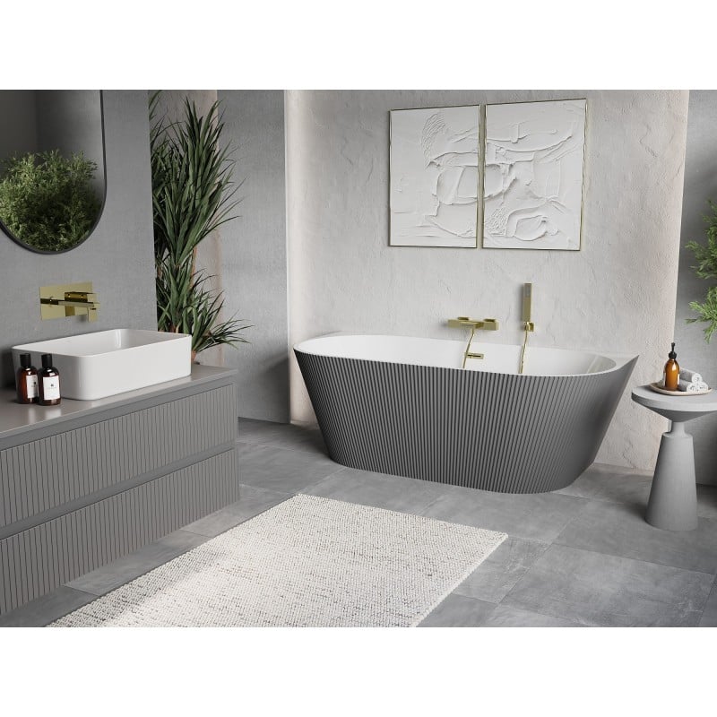 Mexen Oris baignoire autoportante murale rainurée 150 x 75 cm, blanc/gris, trop-plein doré - 52871507562-50
