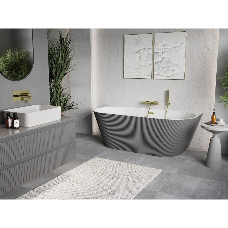 Mexen Oris bañera independiente adosada acanalada 150 x 75 cm, blanca/gris, rebosadero dorado - 52871507562-50