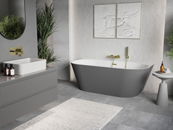 Mexen Oris freistehende wandmontierte gerillte Badewanne 150 x 75 cm, weiß/grau, goldener Überlauf - 52871507562-50