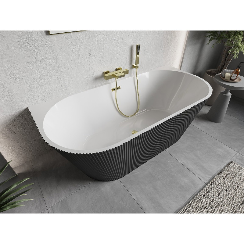 Mexen Oris baignoire autoportante murale nervurée 150 x 75 cm, blanche/grise, trop-plein doré - 52871507562-50