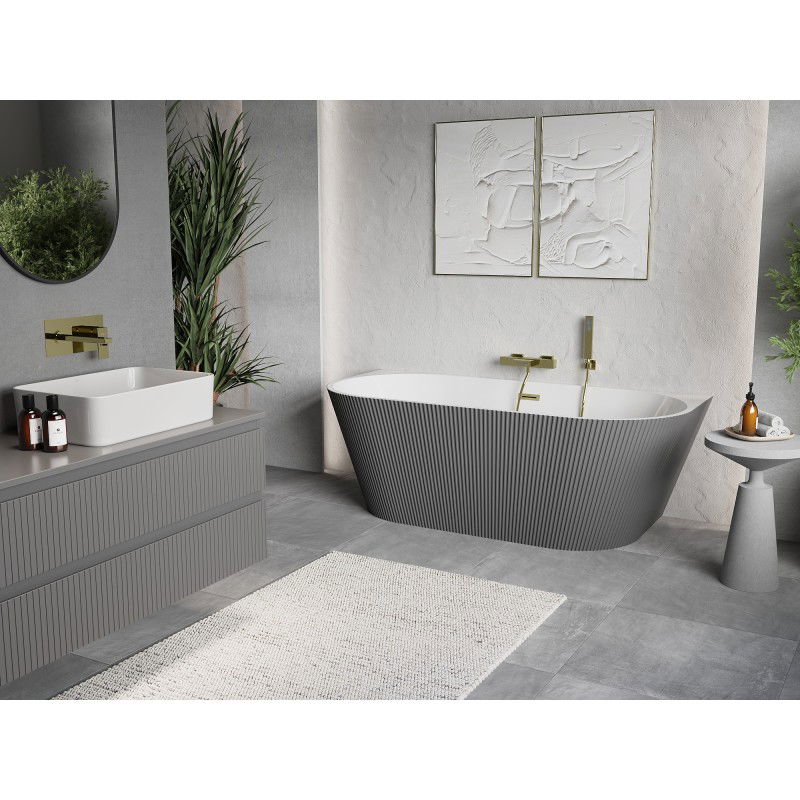 Mexen Oris fräi stoend Riffelbadewanne 150 x 75 cm, wäiss/gro, Iwwerlaf vergëllt gebierst - 52871507562-55