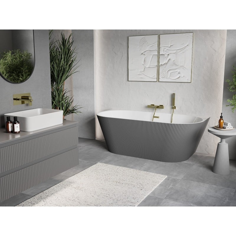 Mexen Oris freestanding wall-mounted fluted 150 x 75 cm, white/grey, brushed gold overflow - 52871507562-55