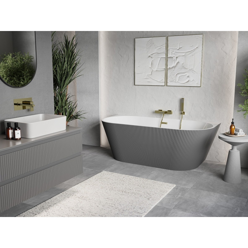 Mexen Oris freistehende geriffelte Wanne an der Wand, 150 x 75 cm, weiß/grau, Überlauf gebürstet gold - 52871507562-55