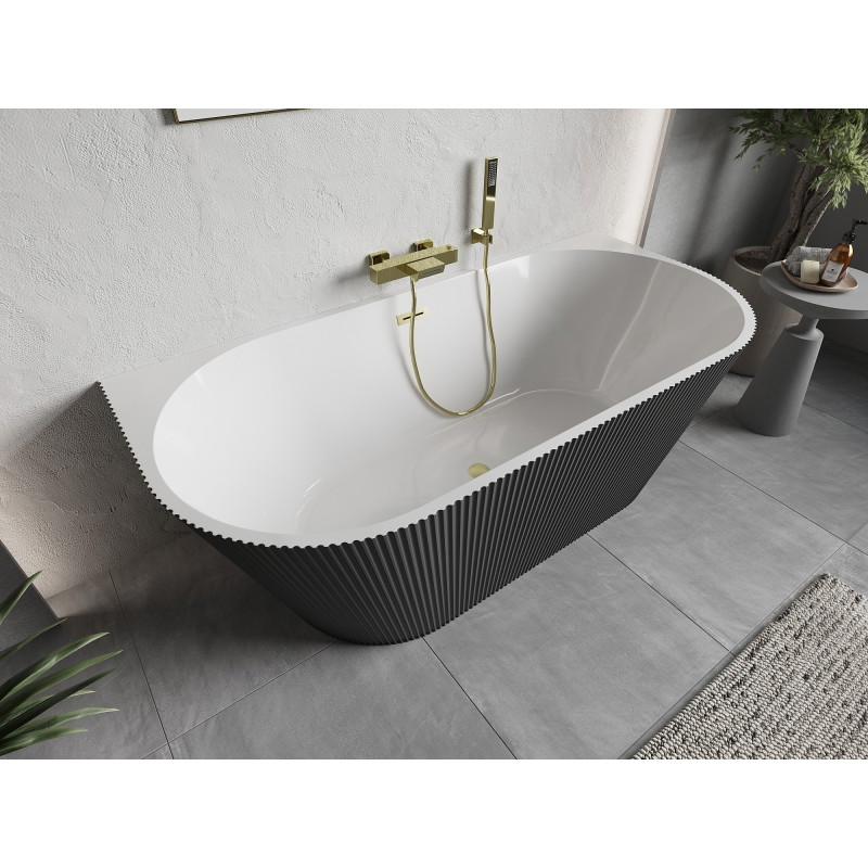 Mexen Oris baignoire autoportante murale rainurée 150 x 75 cm, blanche/grise, trop-plein doré brossé - 52871507562-55
