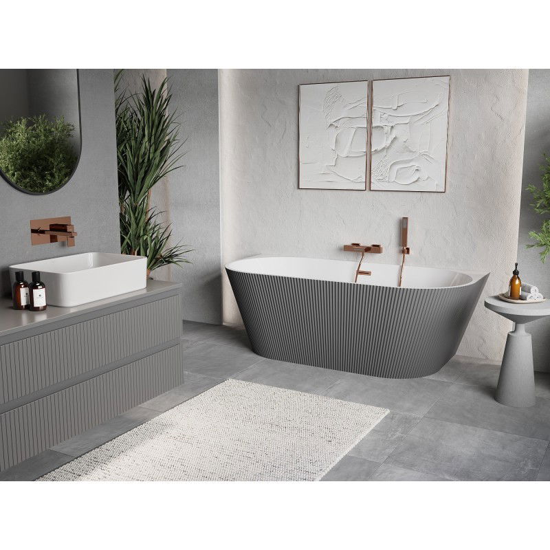 Mexen Oris bañera exenta adosada acanalada 150 x 75 cm, blanca/gris, desagüe de cobre cepillado - 52871507562-65