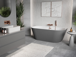 Mexen Oris freistehende, geriffelte Wandbadewanne 150 x 75 cm, weiß/grau, Überlauf gebürstetes Kupfer - 52871507562-65