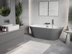 Mexen Oris freistehende Wandbadewanne geriffelt 150 x 75 cm, weiß/grau, Überlauf gun gray gebürstet - 52871507562-66