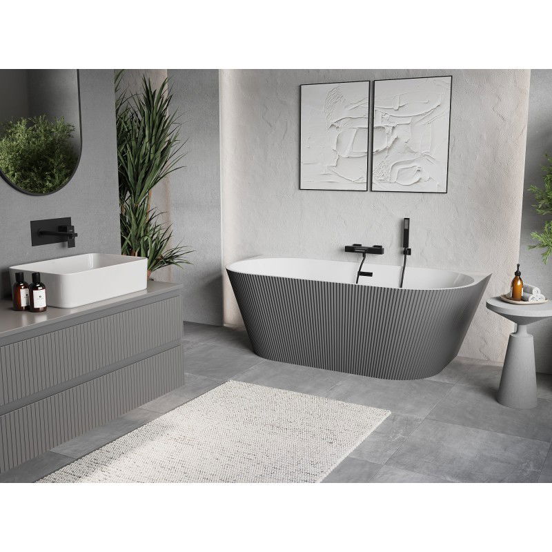 Mexen Oris baignoire autoportante murale rainurée 150 x 75 cm, blanc/gris, trop-plein noir - 52871507562-70