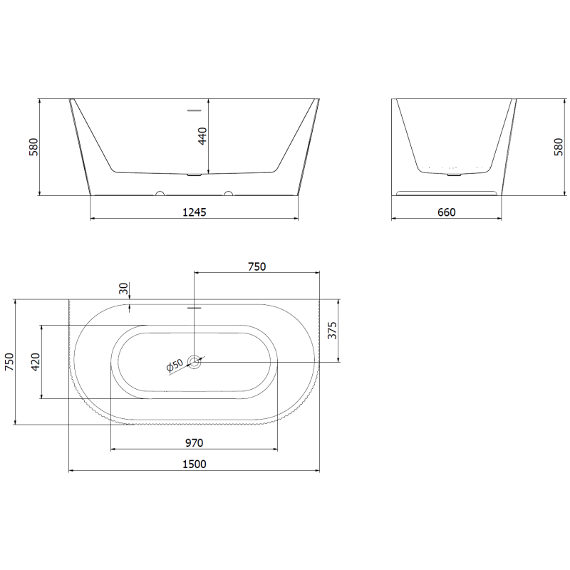 Mexen Oris vasca da bagno indipendente a parete scanalata 150 x 75 cm, bianca/grigia, troppopieno gun metal - 52871507562-95