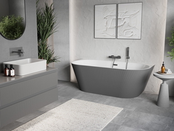 Mexen Oris freistehende Wandbadewanne geriffelt 150 x 75 cm, weiß/grau, Überlauf Gun Metal - 52871507562-95