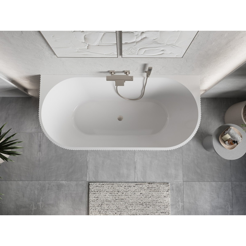 Mexen Oris freestanding wall-adjacent fluted bath 150 x 75 cm, white/grey, brushed nickel overflow - 52871507562-97