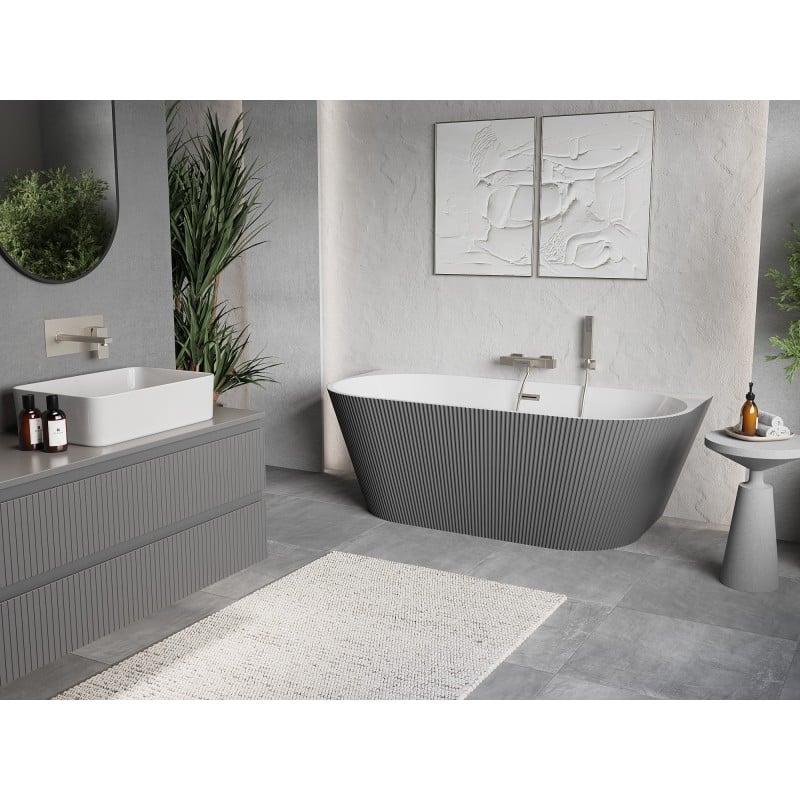 Mexen Oris baignoire autoportante adossée rainurée 150 x 75 cm, blanc/gris, trop-plein en nickel brossé - 52871507562-97