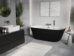 Mexen Oris freistehende, wandmontierte geriffelte Badewanne 150 x 75 cm, weiß/schwarz, Überlauf chrom - 52871507575-01
