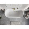 Mexen Oris bañera exenta junto a la pared con ranuras de 150 x 75 cm, blanca/negra, desbordamiento dorado cepillado