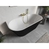 Mexen Oris bañera exenta junto a la pared con ranuras de 150 x 75 cm, blanca/negra, desbordamiento dorado cepillado