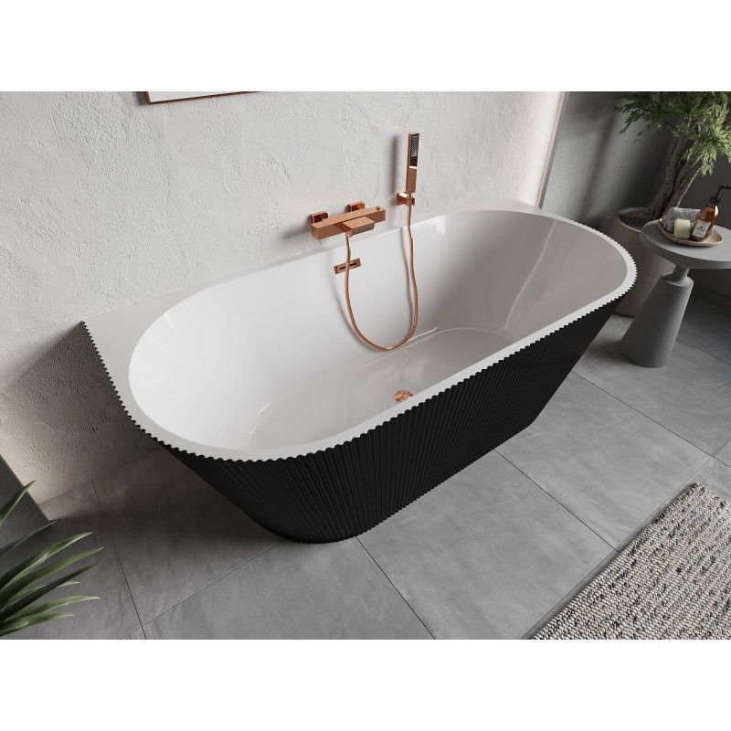 Mexen Oris vasca da bagno freestanding a muro scanalata 150 x 75 cm, bianco/nero, tropo in oro rosa - 52871507575-60