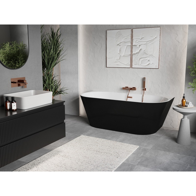 Mexen Oris vasca da bagno indipendente a parete scanalata 150 x 75 cm, bianca/nera, troppo pieno in rame spazzolato