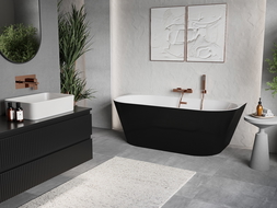 Mexen Oris vrijstaande geribbelde wandbad 150 x 75 cm, wit/zwart, geborsteld koper overloop - 52871507575-65