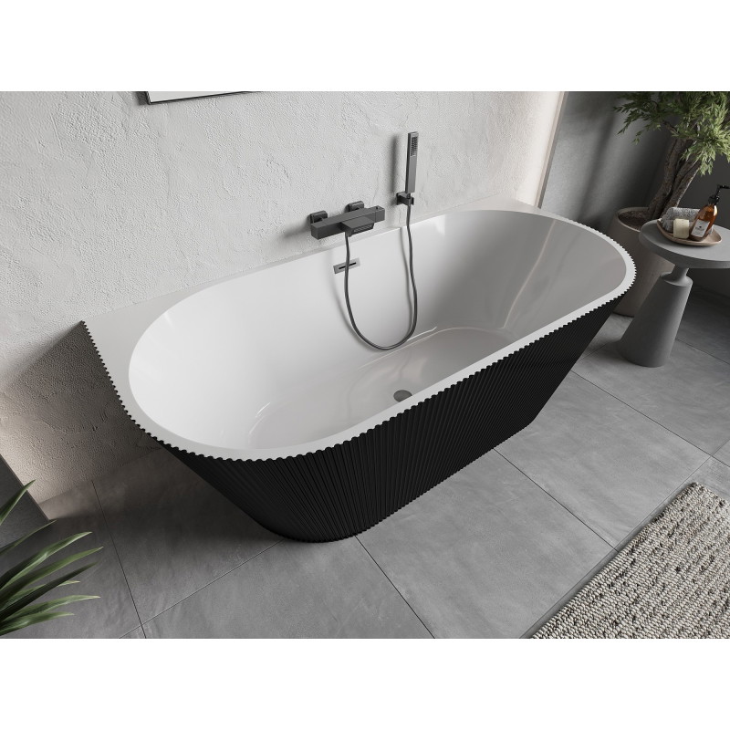 Mexen Oris bañera exenta adosada acanalada 150 x 75 cm, blanca/negra, desbordamiento gun gray cepillado - 52871507575-66