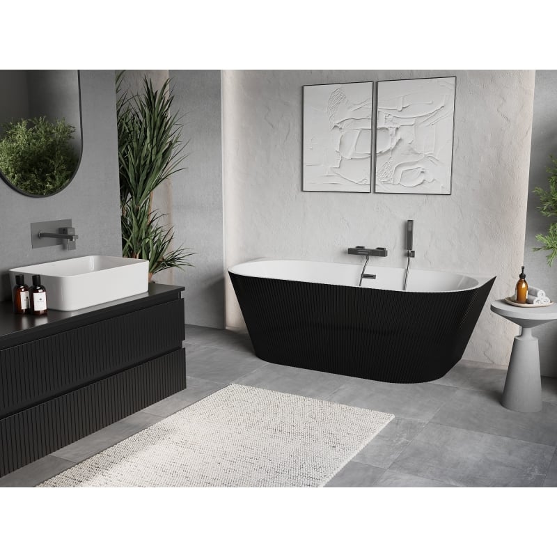 Mexen Oris freestanding wall bathtub ribbed 150 x 75 cm, white/black, overflow gun gray brushed - 52871507575-66