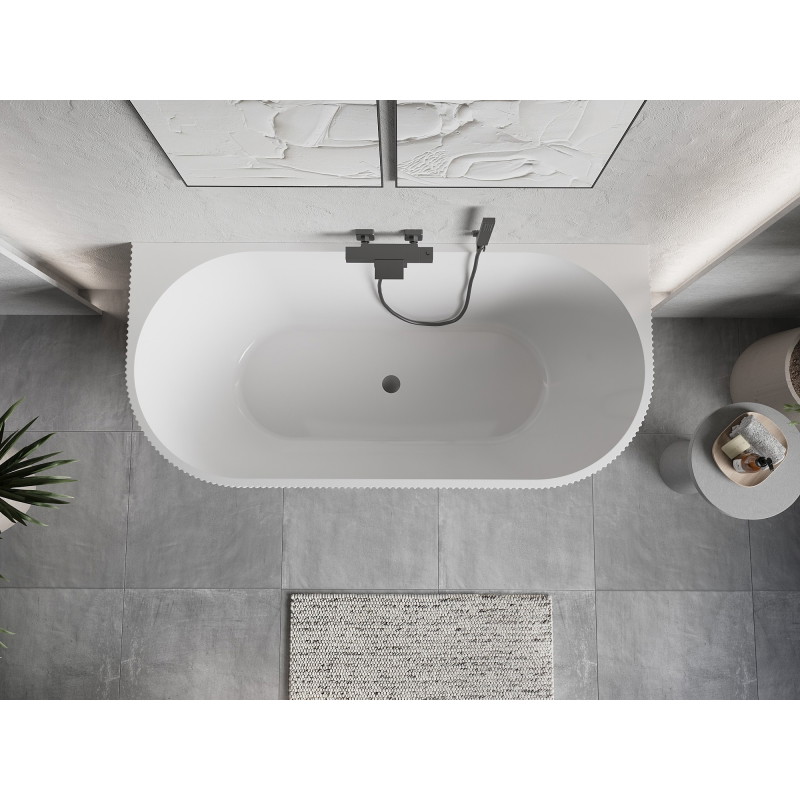 Mexen Oris wanna wolnostojąca przyścienna ryflowana 150 x 75 cm, biała/czarna, przelew gun metal - 52871507575-95