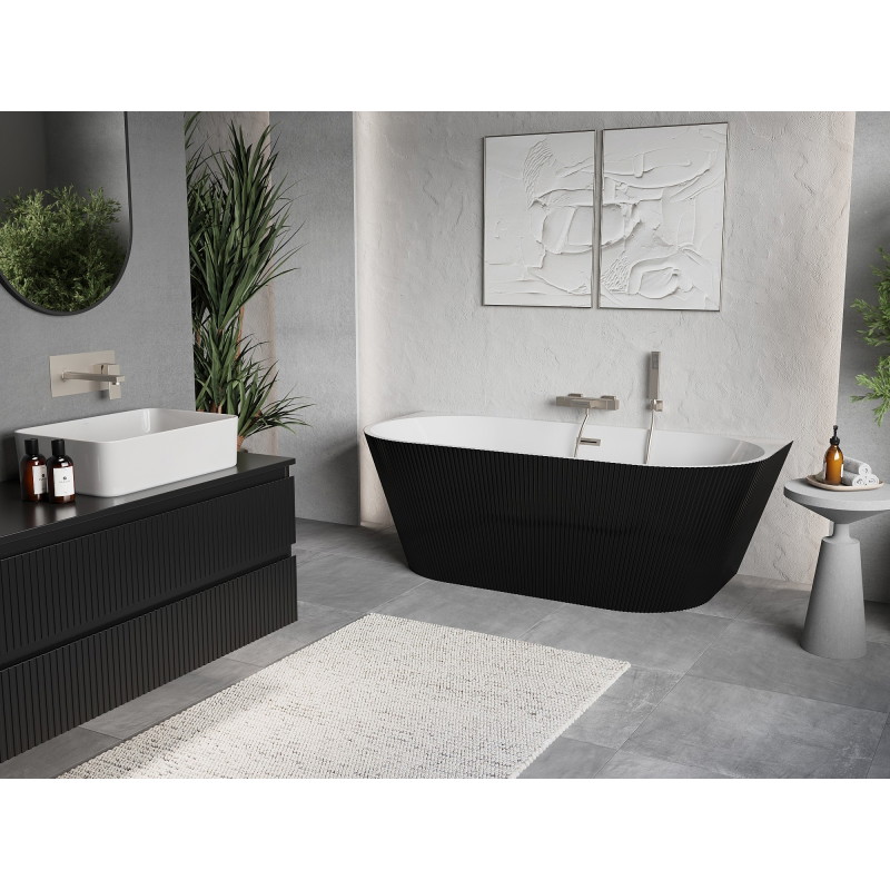 Mexen Oris baignoire autoportante murale rainurée 150 x 75 cm, blanche/noire, trop-plein nickel brossé - 52871507575-97
