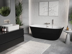 Mexen Oris freistehende, geriffelte Vorwand-Badewanne 150 x 75 cm, weiß/schwarz, Überlauf gebürsteter Nickel - 52871507575-97