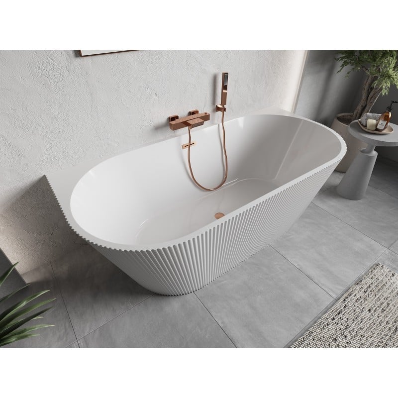Mexen Oris vasca da bagno freestanding addossata rigata 170 x 80 cm, bianca, troppopieno in rame spazzolato - 52871708000-65