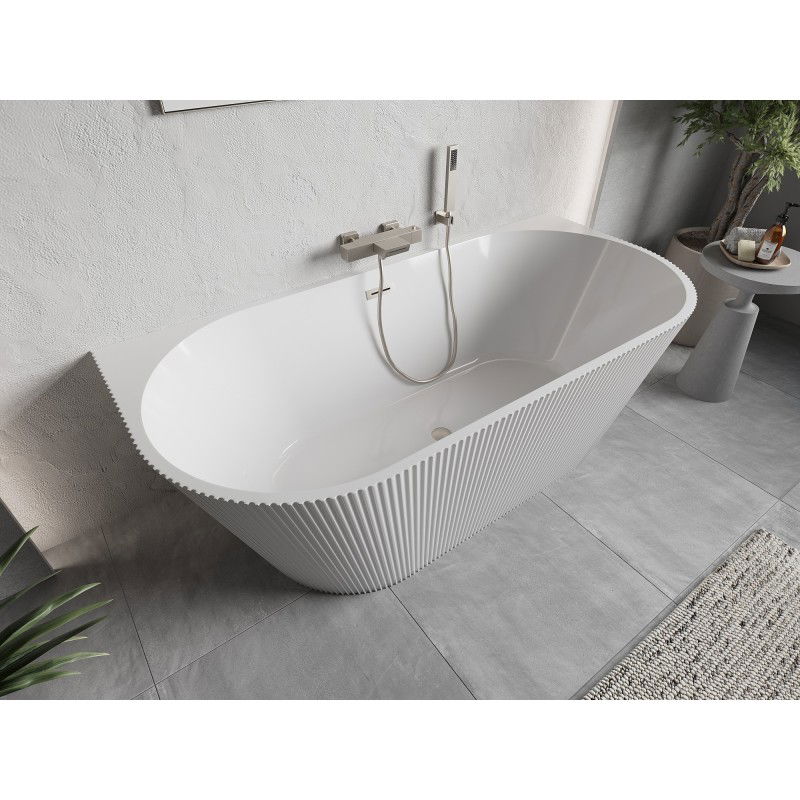 Mexen Oris bañera independiente adosada acanalada 170 x 80 cm, blanca, rebosadero níquel cepillado - 52871708000-97