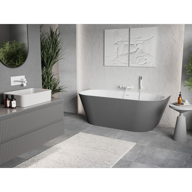 Mexen Oris baignoire autoportante murale cannelée 170 x 80 cm, blanche/grise, trop-plein blanc - 52871708062-20