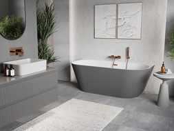Mexen Oris vasca da bagno freestanding a parete scanalata 170 x 80 cm, bianca/grigia, troppopieno in rame spazzolato