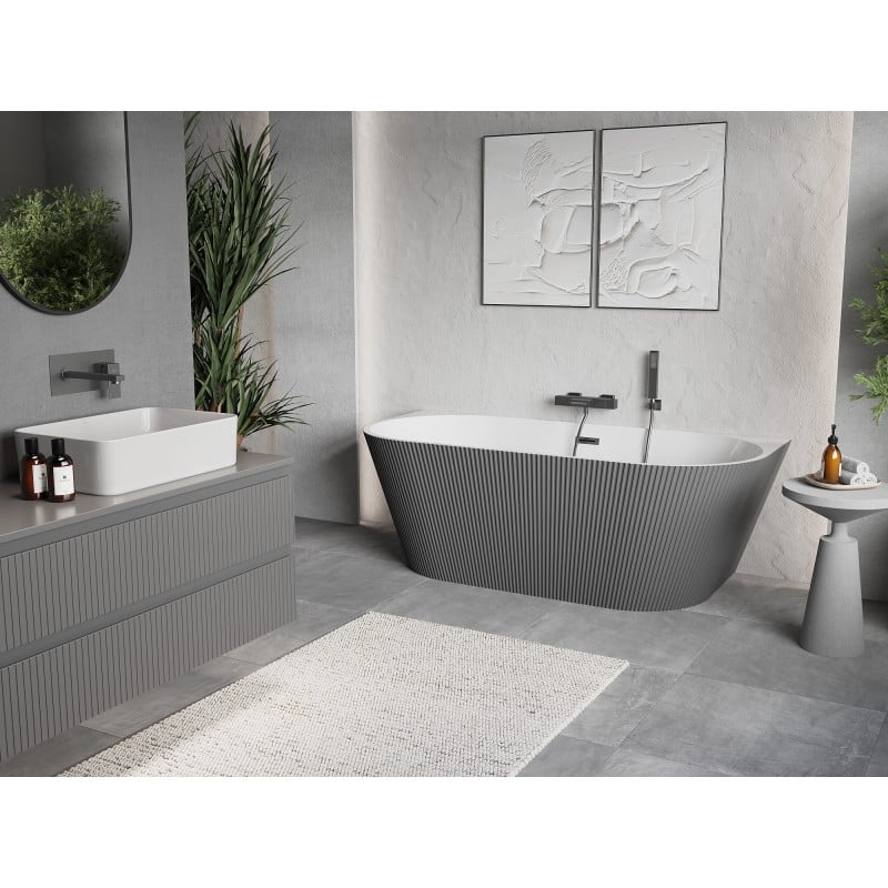 Mexen Oris freestanding wall-adjacent ribbed bath 170 x 80 cm, white/grey, brushed gun gray overflow - 52871708062-66
