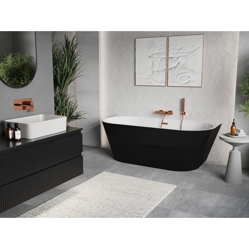 Mexen Oris vasca da bagno freestanding addossata zigrinata 170 x 80 cm, bianca/nera, troppopieno oro rosa - 52871708075-60