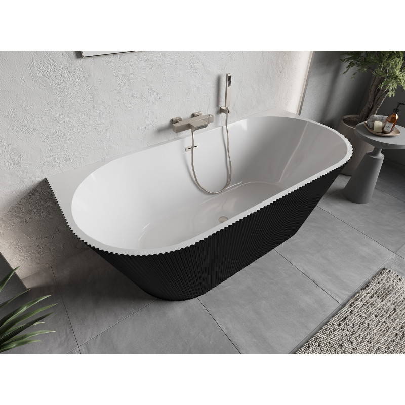 Mexen Oris vasca da bagno freestanding addossata rigata 170 x 80 cm, bianca/nera, troppo pieno nichel spazzolato