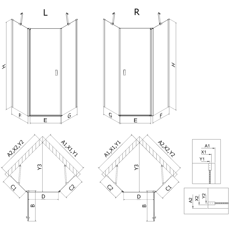Mexen Mist pentagon duschkabin med svängdörr 90 x 90 cm, transparent, krom - 8A8-090-090-01-00