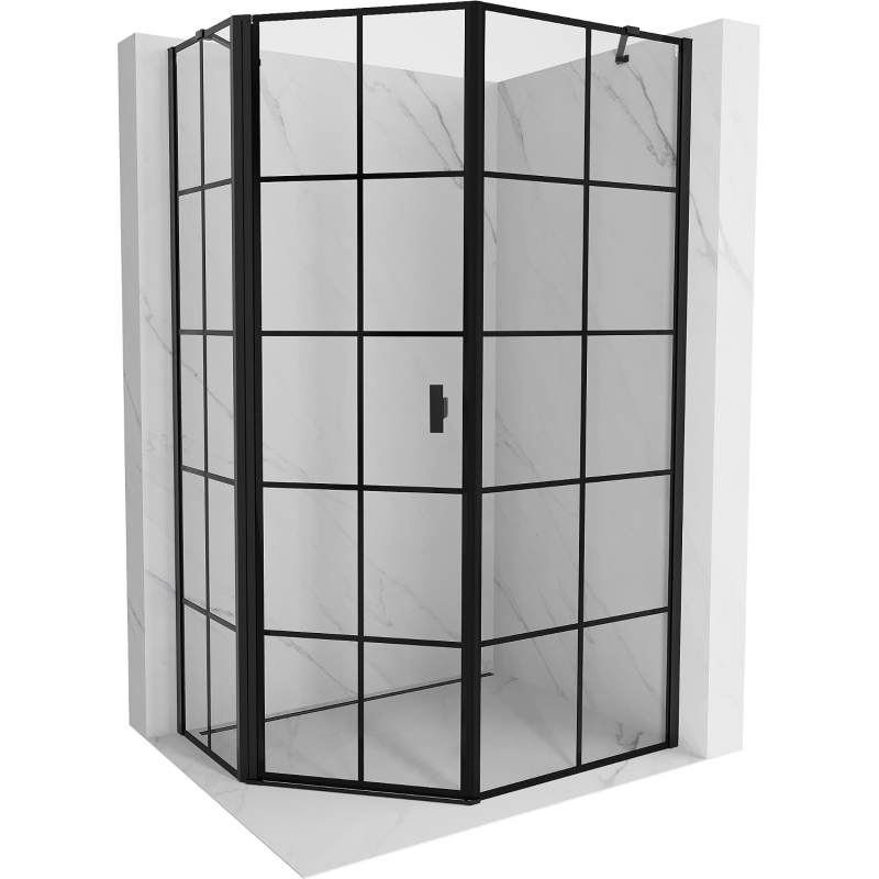 Mexen Mist Pentagonal Asymmetric Hinged Shower Enclosure Left 80 x 90 cm, Black Grid, Black - 8A8-080-090-70-77-L