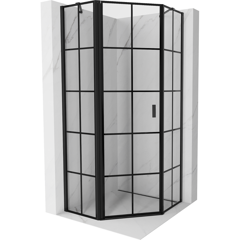 Mexen Mist, fünfeckige Duschkabine mit linker Tür, 90 x 90 cm, schwarzes Gitter, schwarz - 8A8-090-090-70-77-L