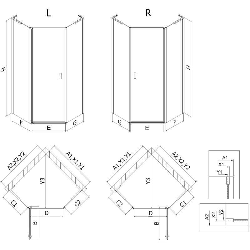 Mexen Mist L cabine de douche pentagonale asymétrique pivotante 100 x 90 cm, transparent, doré - 8A8L-100-090-50-00