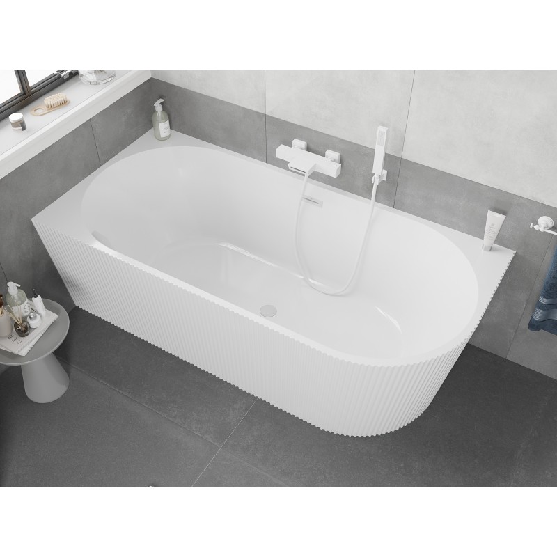 Mexen Silo wanna wolnostojąca narożna lewa ryflowana  150 x 75 cm, biała, przelew biały - 52891507500L-20
