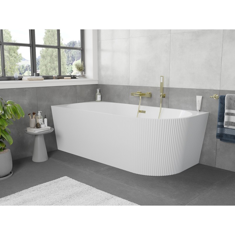 Mexen Silo wanna wolnostojąca narożna lewa ryflowana  150 x 75 cm, biała, przelew złoty - 52891507500L-50