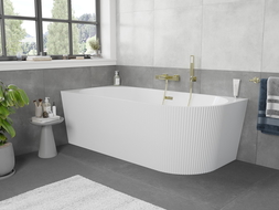 Mexen Silo freistehende Eckbadewanne links geriffelt 150 x 75 cm, weiß, Überlauf gold - 52891507500L-50