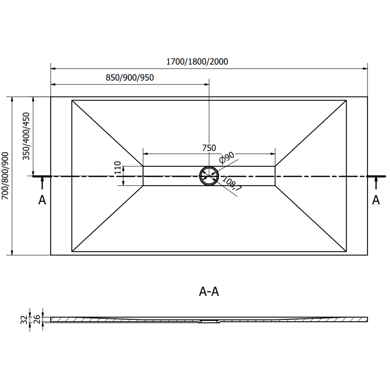 Mexen Toro pravokotni tuš kad SMC 200 x 90 cm, črna - 43709020